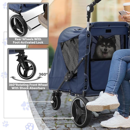 Pet Stroller for Large Dogs or Multiple Dogs Cats with Adjustable Handle, 3-Wheels Dual Entry Visible Portable Dog Carting Easy Folding Pet Wagon Double Dog Stroller up to 55 lbs, Navy Blue