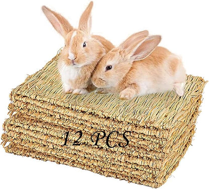 PINVNBY Hay Mats for Rabbits,12 Pack Natural Rabbit Grass Mat,Small Animal Woven Bed Resting Sleeping,Chewing,Nesting and Toys Cage Grass Matts for Bunny Guinea Pig Hamster Hedgehog Squirrel