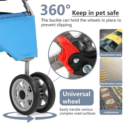 FDW Pet Stroller 3-Wheel Durable Foldable Cat Dog Stroller with Washable Liner Storage Basket Cup Holder,Blue