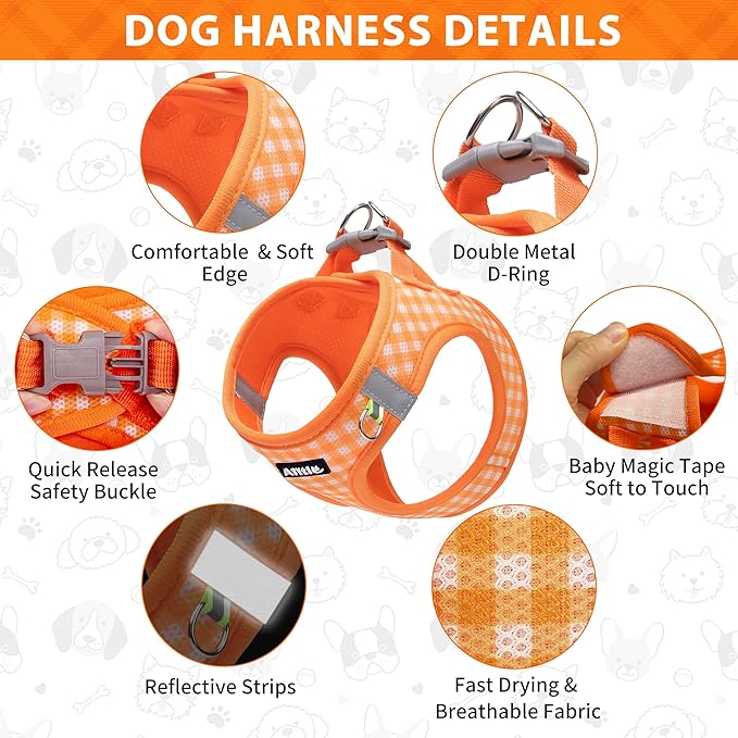 AIITLE Adjustable Dog Vest Harness Set – No-Pull Design, Plaid Print & Reflective Safety– Fits Poodles, Shih Tzus & Medium-Sized Dogs up to 38lbs (M, Orange)