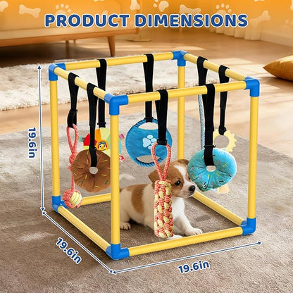 Puppy Play Gym with 8 Hanging Toys Indoor Play Gym Interactive Dog Toys for Boredom Enrichment Activity for Small Dog Teething PVC Frame Stretchy Rope with Velcro (Yellow,19.6 x 19.6 x 19.6 inch)