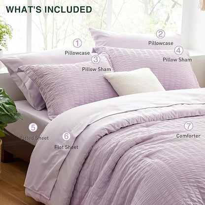 Love's cabin Seersucker Lavender Full Comforter Set, 7-Piece All Season Lightweight Bed in a Bag Bedding Set with Comforter, Flat Sheet, Fitted Sheet, Pillowcases and Shams | Soft, Breathable, Lightweight