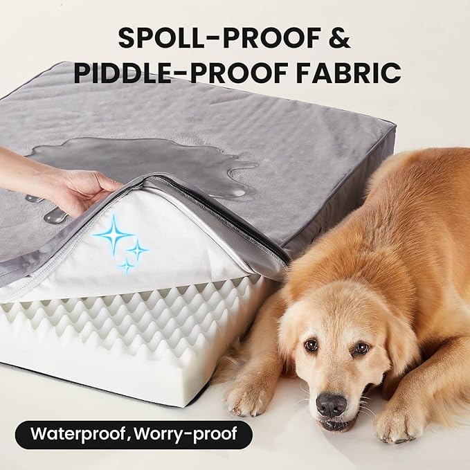 OhGeni Orthopedic Waterproof Dog Bed for Large Dogs, Machine-Washable Removable Cover in Easy-Clean Fabric, High Density Foam & Easy-Carry Handle, Suitable for Crate, 41 inch (Gray)