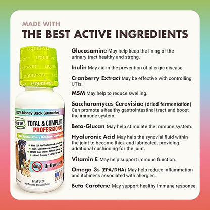 LIQUID-VET Total & Complete Support for Dogs – Joint, Allergy, Digestive & Immune Health – 10 Active Ingredients in 1 - Made for Picky Eaters (8 Fluid Ounces, Unflavored)