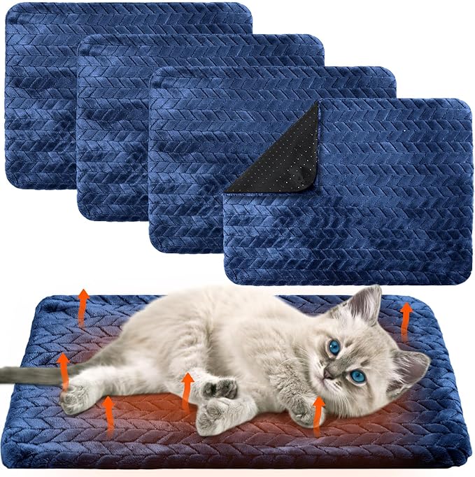 Drydiet 4 Pack Self Warming Cat Bed Mat Self Heating Pad for Dog Extra Warm Winter Pet Pad Washable Thermal Pads Mats for Pets Indoor Outdoor(Navy Blue,16 x 20 Inch)