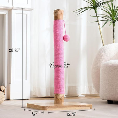 29" Tall Cat Scratching Post for Indoor Cats Adults, Extra-Stable & Natural Solid Wood Scratching Post Sisal Scratcher with Hanging Funny Ball, Pink
