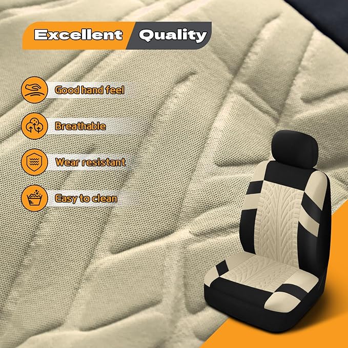 2PCS Car Front Seat Cover with 2 Headrest Covers, Breathable Waterproof Seat Covers for Front Seats, Universal Seats Cover Protector Car Accessories for Most Vehicles (Beige)