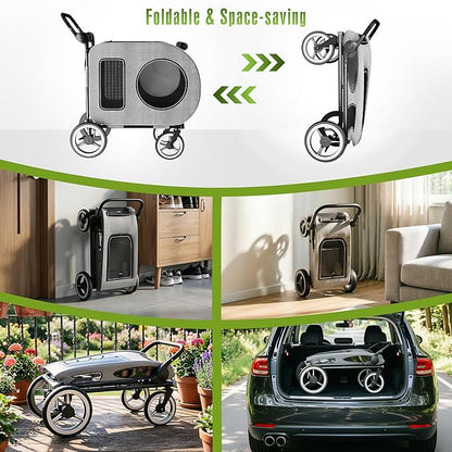 kepptory Dog Stroller with Large Dog House, XL Pet Stroller for 2 Small Dogs with Panoramic Sunroof, Adjustable Handle, Storage Organizer and Sturdy Metal Frame,32.4Lx19.3Wx23.6H(House Size)