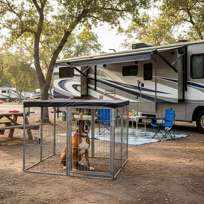 Dog Playpen w/Square Top Shade Cover - 32 inch, 8 Panel Portable Grey Metal Pet Play Pen for Small & Medium Dogs - Indoor/Outdoor Kennel Cage for Home, Yard, RV, or Camping