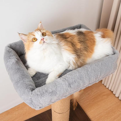 Cat Scratching Post, Retro-Style Tall Cat Scratcher Tower with Removable Gray Fluffy Cusion Perch, Natural Pine & Sisal Cat Scratcher for Indoor Cats, Medium