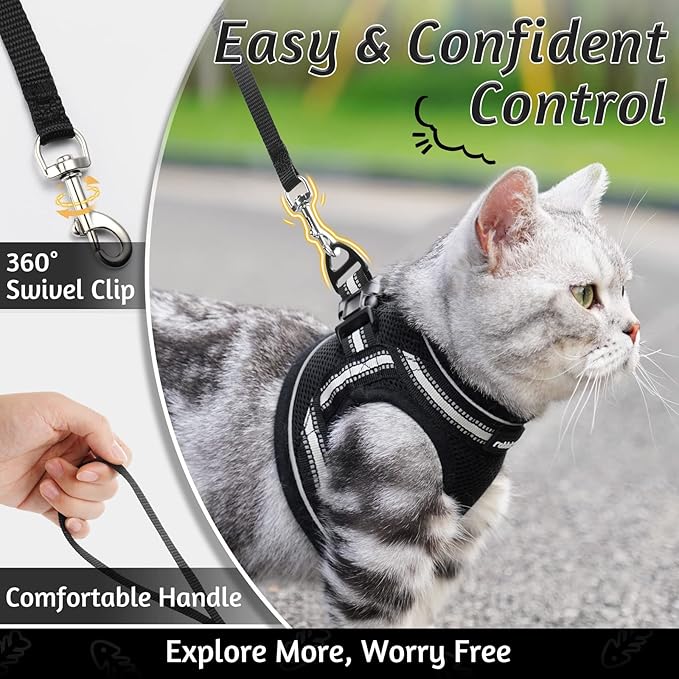 rabbitgoo Cat Harness and Leash Set for Walking Escape Proof, Adjustable Soft Kittens Vest with Reflective Strip for Cats, Comfortable Outdoor Vest, Black, M
