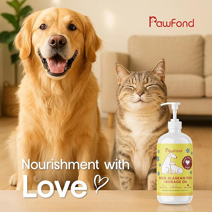 Wild Alaskan Pollock & Salmon Oil for Dogs & Cats - Omega 3 EPA DHA Fish Oil with Borage Oil GLA 22% - Anti-Itch, Skin & Coat Supplement, Joint Support, Allergy Relief -100% Natural - 8oz Pump