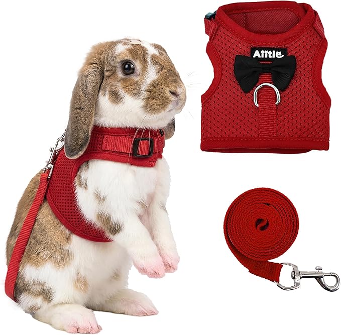 AIITLE Christmas Bunny Harness and Leash Set with Cute Bow, Soft Breathable Mesh Vest Harness for Rabbits Kitten Ferret Small Pig Puppy Walking Supplies Red M