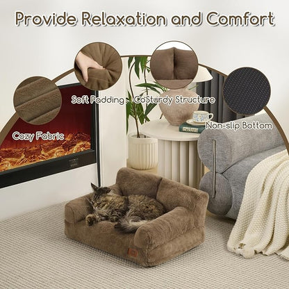 Hollypet Fluffy Dog Cat Bed Pet Couch Beds Plush Soft Warming Washable Puppy Bed for Small Medium Dogs and Large Cats, Dark Brown, 24" L x 18" W x 10" Th