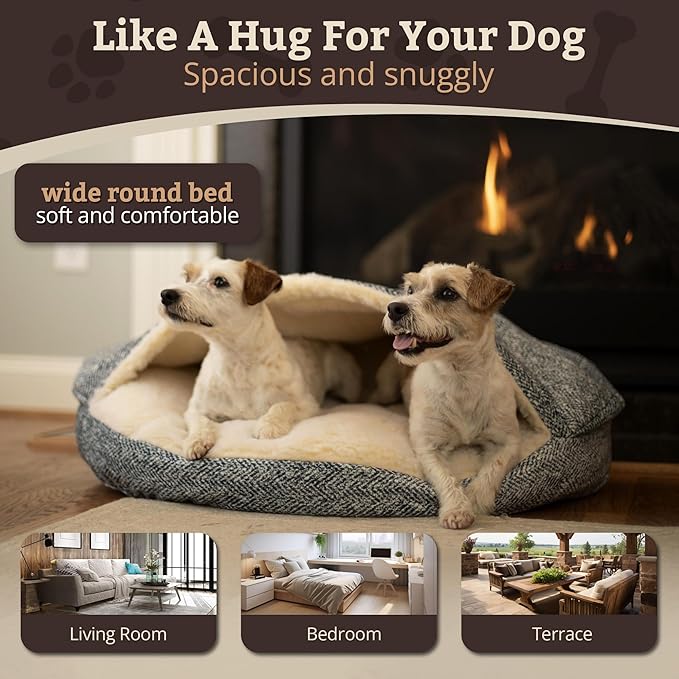 Snoozer Cozy Cave Dog Bed - Indoor Dog Bed with Cover Cave, Covered Calming Burrow for Small & Medium Sized Pets with Blanket Attached, Enclosed, Removable Washable Cover - Large, Palmer Indigo