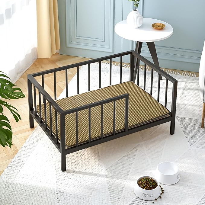 OSCHF Dog Bed with Rails - Elevated Pet Metal Bed Frame with Solid Wood Board and Washable Soft Mat for Medium Dog Indoor or Outdoor Use, 25.2" x 37.8", Black