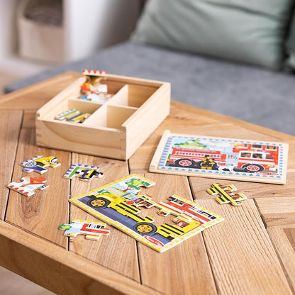 Melissa & Doug 4‑in‑1 Wooden Vehicle Jigsaw Puzzle Set, 48 Pieces with Storage Box, Toddler Puzzle Toy for Kids Ages 3+- FSC Certified