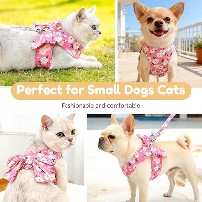 BAEJMJK Dog Harness and Leash Set with Bow Knot No Pull Pet Daisy Floral Harness with D-Ring Soft Mesh Dog Harness Vest Set Escape Proof Princess Puppy Harness for Small Girl Dogs Cats（Pink XS）