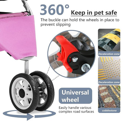 FDW Pet Stroller Foldable Dog Stroller 3-Wheel Durable Cat Jogger Stroller for Small and Medium Dogs Cats with Washable Liner Storage Basket Cup Holder,Pink