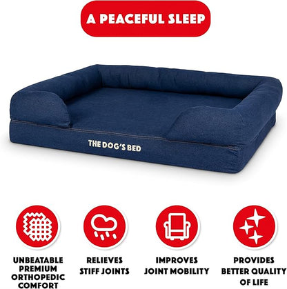The Dog’s Bed Orthopedic Memory Foam Dog Bed with Bolsters for Large Dogs, Waterproof Washable Cover, Anti-Slip Base, Calming Surface – CertiPUR-Certified Foam, Denim Fabric, Blue Denim, Large