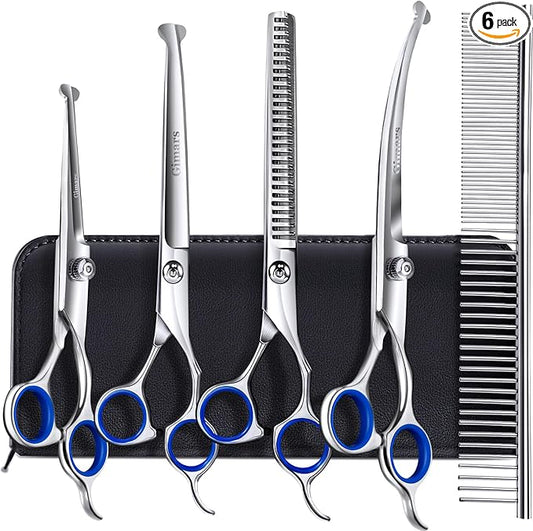 Gimars Titanium Coated Professional 6 in 1 4CR Stainless Steel Dog Grooming Scissors with Safety Round Tip, Heavy Duty Pet Grooming Scissor for Dogs, Cats and Other Animals