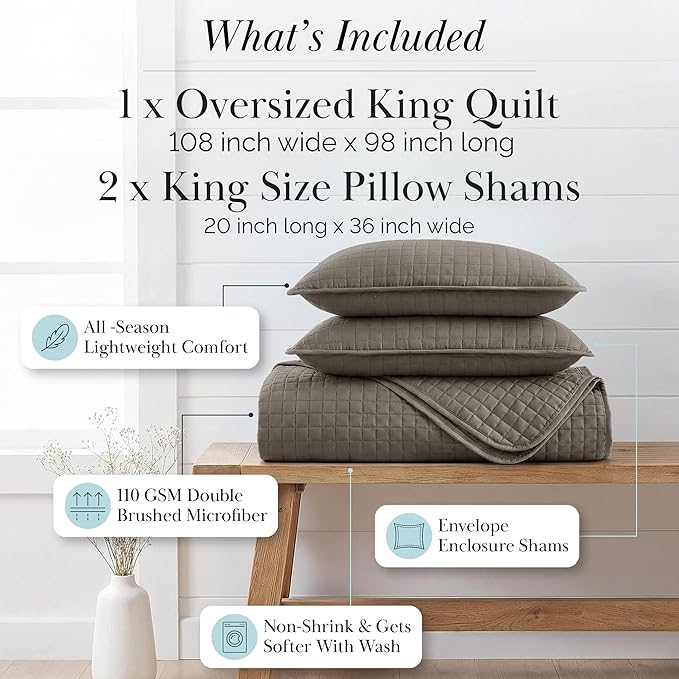 Southshore Fine Living, Inc. Oversized Quilt, King Size Bedding Set, Soft Microfiber, Easy Care Stain and Pet Hair Resistant Bedding, California/King Size Quilt Bedspread Set w/2 Shams, Dark Taupe