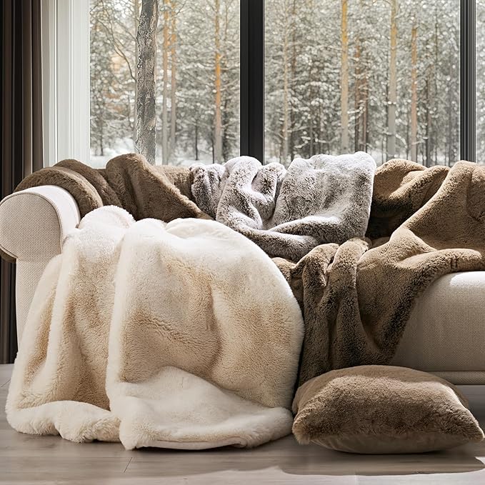EVERGRACEHOME Luxury Soft Faux Chinchilla Fur Throw Blanket for Couch, Warm Thick Heavy Winter Throw Blanket 1220GSM for Bed, Fluffy Cozy Mink Blanket with Reversible Velvet, Arctic White, 50"x60"