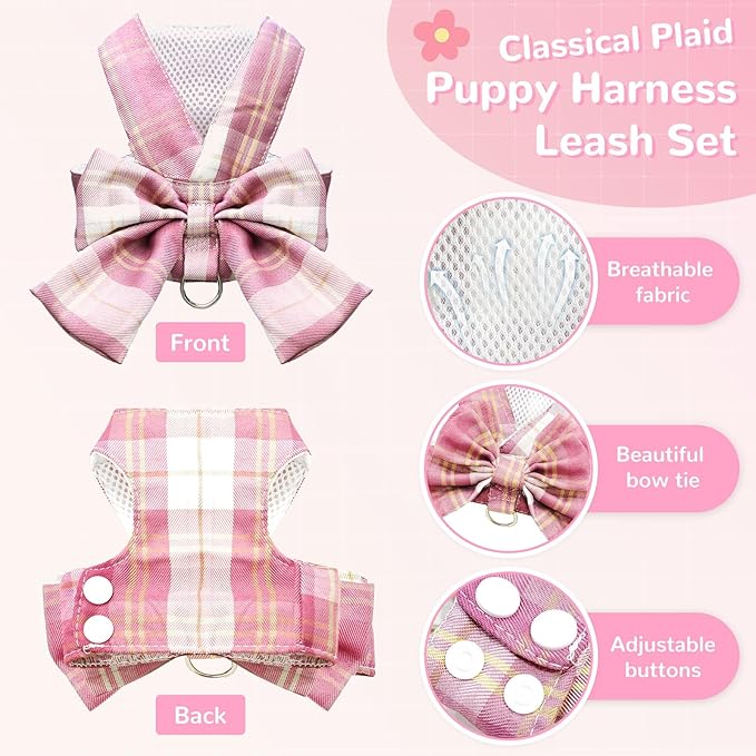 Cute Dog Harness and Leash Set with Bow Tie Soft Mesh Plaid Girl Puppy Harness No Pull Pet Cat Dog Vest Harness for Small Dogs Chihuahua Rabbit Outfit (Pink,S)