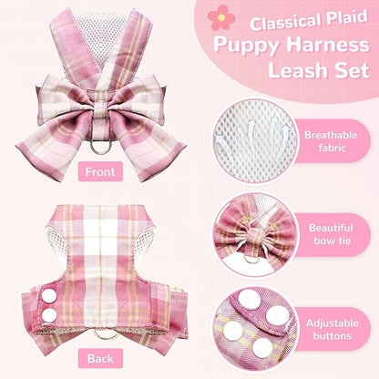 Cute Dog Harness and Leash Set with Bow Tie Soft Mesh Plaid Girl Puppy Harness No Pull Pet Cat Dog Vest Harness for Small Dogs Chihuahua Rabbit Outfit (Pink,S)