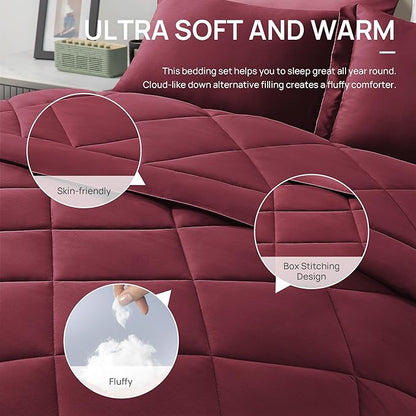 Love's cabin King Size Comforter Set Burgundy, 7 Pieces King Bed in a Bag, All Season Bedding Sets with 1 Comforter, 1 Flat Sheet, 1 Fitted Sheet, 2 Pillowcase and 2 Pillow Sham