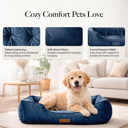 Modern Threads Luxury Dog Bed - Comfortable Tufted Velvet Cushion for Small to Large Dogs - Machine Washable - Durable & Cute Sleep Space for Pets - Pamper Your Pet with Cozy Beds - Denim