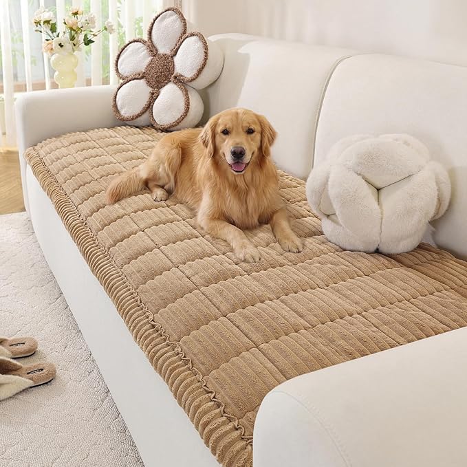 OstepDecor Washable Couch Cover for Dogs, Thick Pet Friendly Sofa Covers, Soft Couch Protector, Paw Cart Sofa Slipcovers, Cushion Protector for Leather, Sectional, Loveseat (27.6" x 82.7", Khaki)