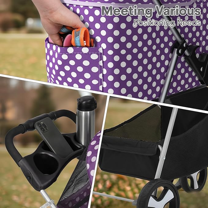 3-in-1 Visible Foldable Pet Detachable Carrier, Car Seat and Stroller with Push Button Entry for Small Pets, Cat Dog Stroller for Medium Dogs Cats Load Up to 33 lbs, Purple Polka Dots