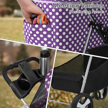3-in-1 Visible Foldable Pet Detachable Carrier, Car Seat and Stroller with Push Button Entry for Small Pets, Cat Dog Stroller for Medium Dogs Cats Load Up to 33 lbs, Purple Polka Dots