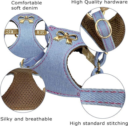 No Pull Dog Harness and Leash Set for Small Sized Dog Training Puppy Harnesses with Multifunction Dog Leash Soft Adjustable Denim No Choke Escape Proof Pet Harness for Small and Medium Dog (Blue XXS)