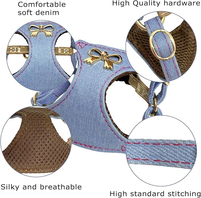 No Pull Dog Harness and Leash Set for Small Sized Dog Training; Puppy Harnesses with Multifunction Dog Leash, Soft Adjustable Denim No Choke Escape Proof Pet Harness for Small and Medium Dog (Blue XS)