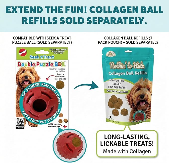 SPOT Seek-A-Treat Double Puzzle Ball Dog Toy, 3.25 in Durable Rubber Treat Dispenser with Dual Openings for Mental Stimulation & Long-Lasting Play, for Dogs up to 50 lbs