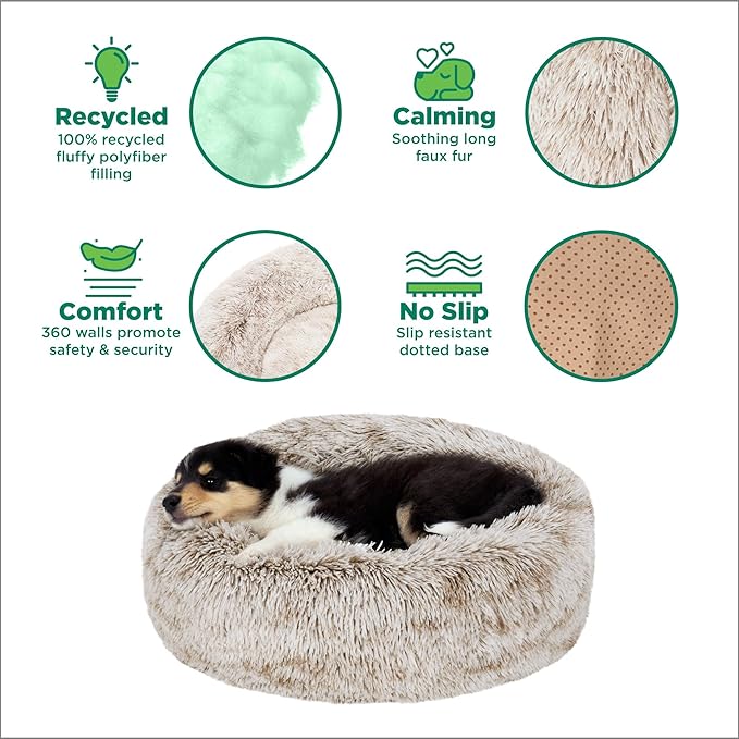 Furhaven 36" Round Calming Donut Dog Bed for Large/Medium Dogs, Refillable w/Removable Washable Cover, for Dogs Up to 75 lbs - Shaggy Plush Long Faux Fur Donut Bed - Driftwood Brown, Large