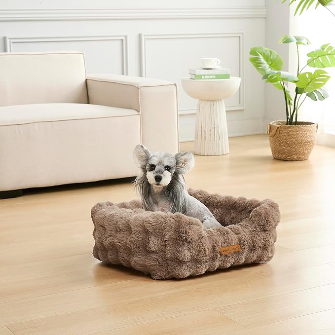 Modern Threads Brushed Long Pile Rabbit Fur Cuddler Dog Bed, Bolstered Supportive Sides, Calming Nest Design, Removable Washable Cover, Bed for Small to Medium Dogs, Chocolate, (24"L x 20"W x 8"Th)