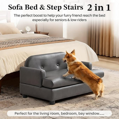 Luxury Dog Sofa Bed Elevated Pet Couch with Durable Waterproof Leather & Orthopedic Sponge - Modern Furniture Style Dog Lounge & Pet Bedside Step for Small/Medium Dogs/Cats, Gray