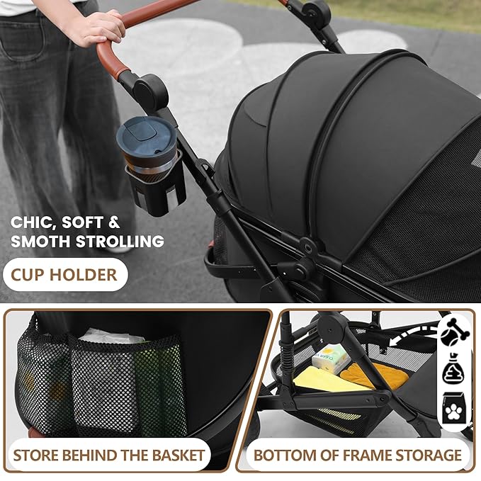 Bicystar Pet Stroller for Medium Dogs, Smooth-Ride Dog Stroller with Detachable Carrier, Rubber Wheels, Car Seat Combo 3-in-1, Up to 50 lbs, for Senior Dogs & Cats, Black