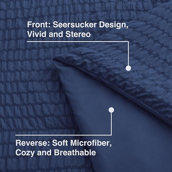 Love's cabin Seersucker Dark Blue Twin XL Comforter Set, 5-Piece All Season Lightweight Bed in a Bag Bedding Set with Comforter, Flat Sheet, Fitted Sheet, Pillowcase and Sham | Soft, Breathable, Lightweight