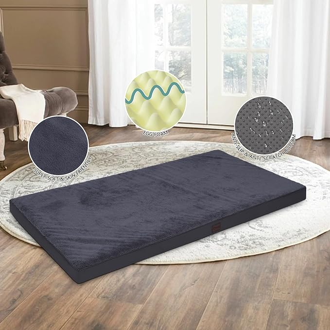 MIHIKK Waterproof Human Dog Bed Orthopedic Dog Beds for Crate with Removable Washable Cover Egg-Crate Foam Pet Pad Mat with Anti-Slip Bottom, 75x38 Inch, Grey