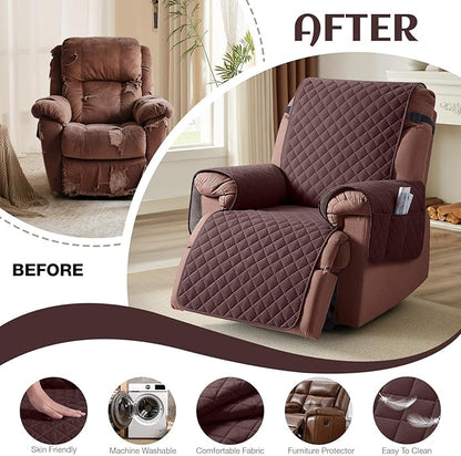 KinCam 100% Waterproof Recliner Chair Cover, Reclining Couch Covers for Pets, Dogs, Recliner Couch Slipcover Furniture Protector with Elastic Straps for Kids(25", Coffee)