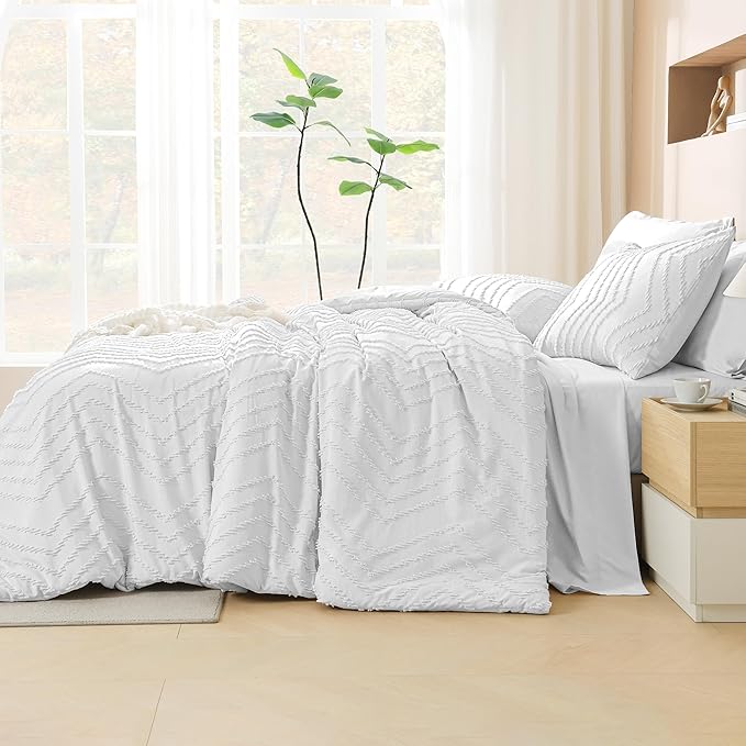 Litanika Super King Plus Size Comforter Set with Sheets White - 7 Pieces Bed in a Bag Oversized King Boho Tufted Complete Bedding Sets with Comforter, Sheets, Pillowcases & Shams