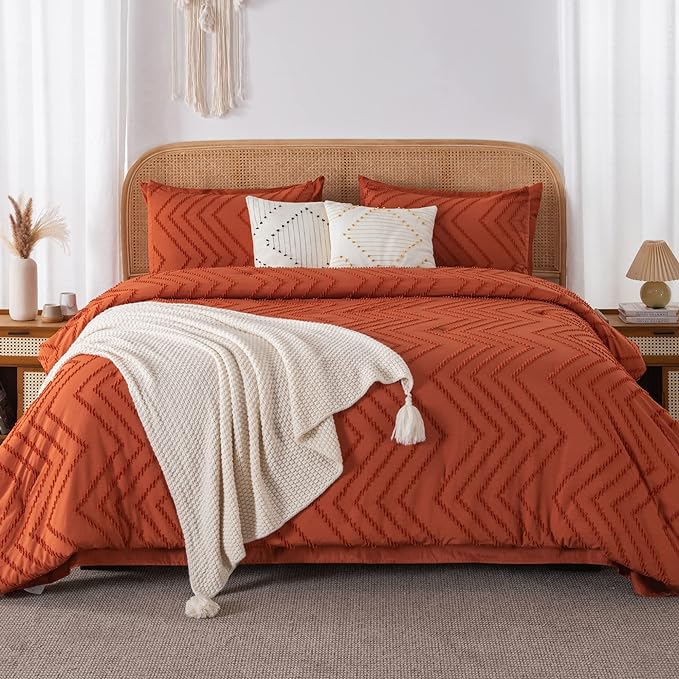 Litanika Queen Comforter Set with Sheets Burnt Orange - 7 Pieces Bed in a Bag Queen Boho Complete Bedding Sets Terracotta Rust Lightweight Bed Set with Comforter, Sheets, Pillowcases & Shams