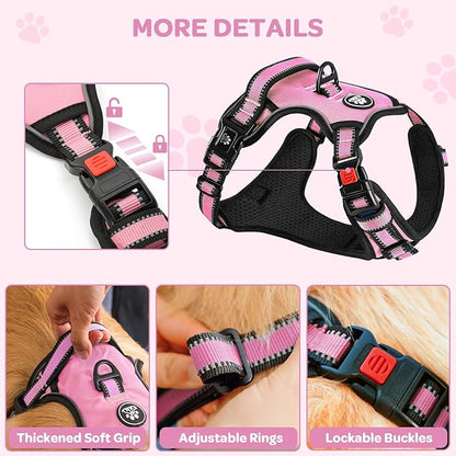 FURRYFECTION Plaid Dog Harness for Medium Dogs, Reflective No Pull Adjustable Pet Vest with Front Clip, Leash, Easy Control Handle and Seat Belt, Pink, M
