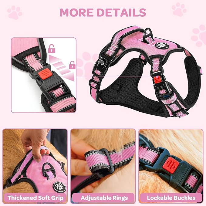 FURRYFECTION Plaid Dog Harness for Small Dogs, Reflective No Pull Adjustable Pet Vest with Front Clip, Leash, Easy Control Handle and Seat Belt, Pink, S
