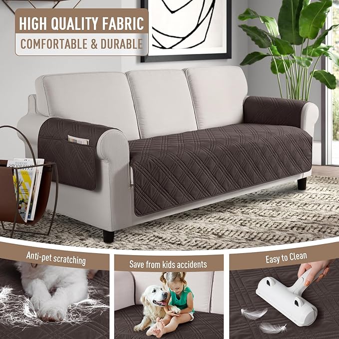 TAOCOCO Waterproof Sofa Covers for Dogs Pets with Non Slip Backing, Couch Seat Covers with Side Pocket for 3 Cushion Couch Washable Dog Couch Cover Protector Sofa Slipcovers(Sofa, Chocolate)