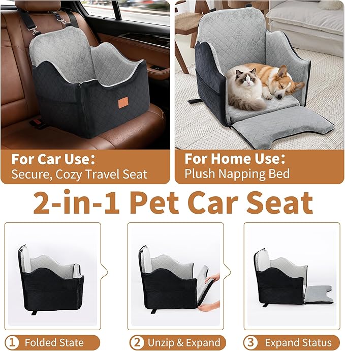 XEEP Dog Car Seat Bed for Small/Medium Dogs – Dog Booster Car Seat Up to 35 lbs -Use Travel Booster Seat with Memory Foam, Safety Belt, Bonus Urine Pad & Blanket, Removable Washable (Black/Grey)